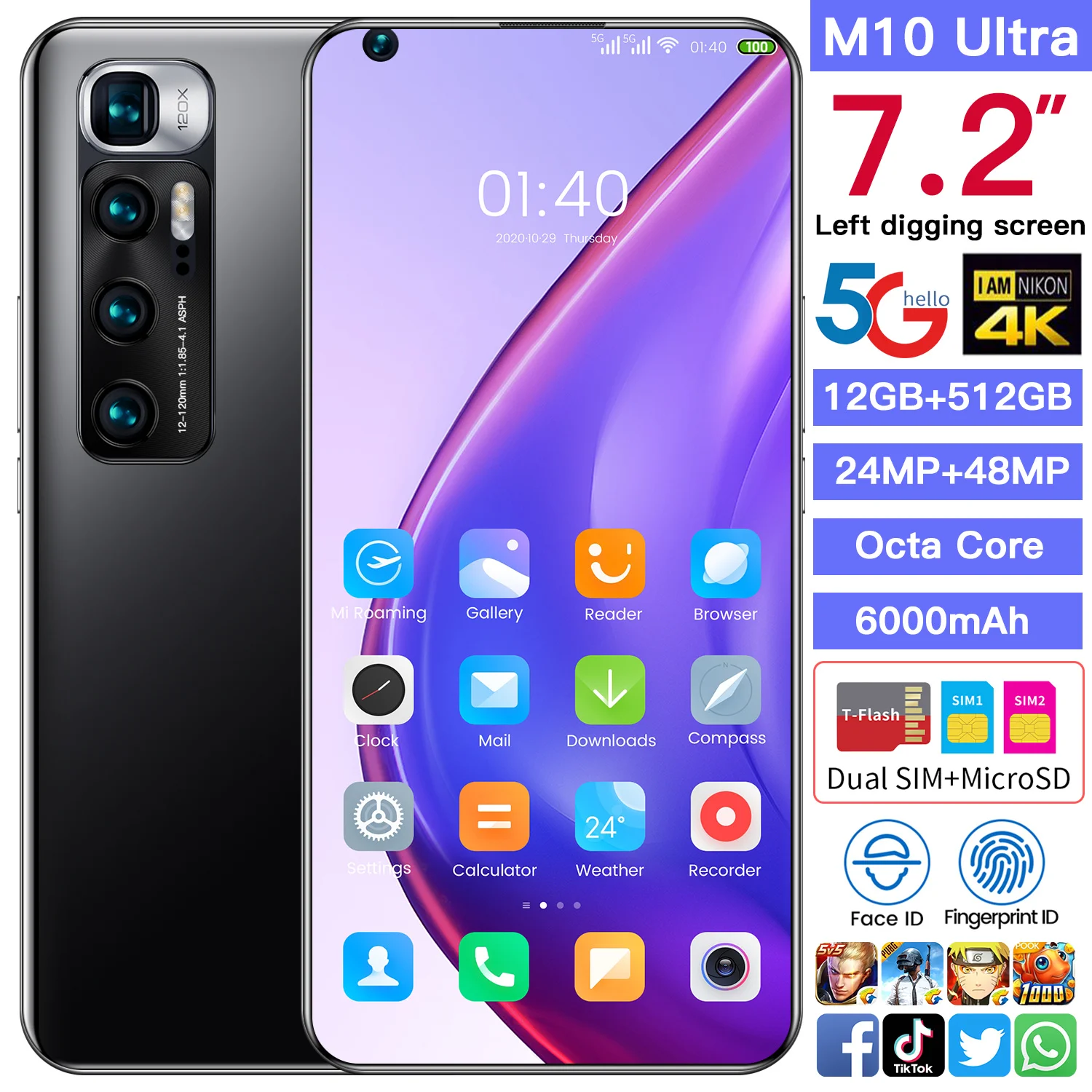M10 Ultra 7.2 Inch Snapdragon 865 Smartphone 48MP Rear Quad Camera Selfie 12GB+512GB Android 10.0 Global Version SmartPhone
M10 Ultra 7.2 Inch Snapdragon 865 Smartphone 48MP Rear Quad Camera Selfie 12GB+512GB Android 10.0 Global Version SmartPhone