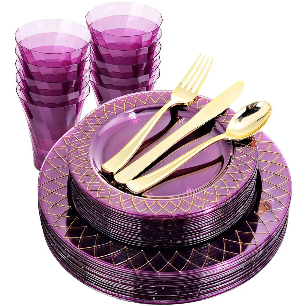 120-Piece Disposable Tableware Set Purple Gold Rim Plastic Plate Silverware and Cups Wedding Birthday Party Supplies
120-Piece Disposable Tableware Set Purple Gold Rim Plastic Plate Silverware and Cups Wedding Birthday Party Supplies