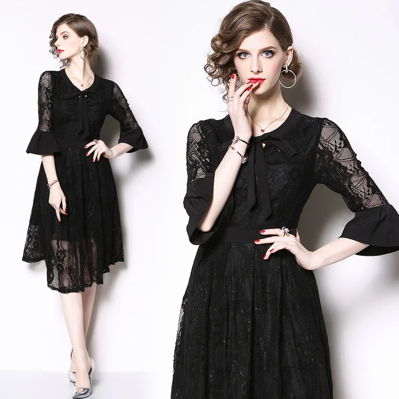 For Women Dresses Office Lady Lace A-Line Three Quarter Solid Dresses Bow 2020 New Women Autumn Party Night Black Elegant Dress 
For Women Dresses Office Lady Lace A-Line Three Quarter Solid Dresses Bow 2020 New Women Autumn Party Night Black Elegant Dress