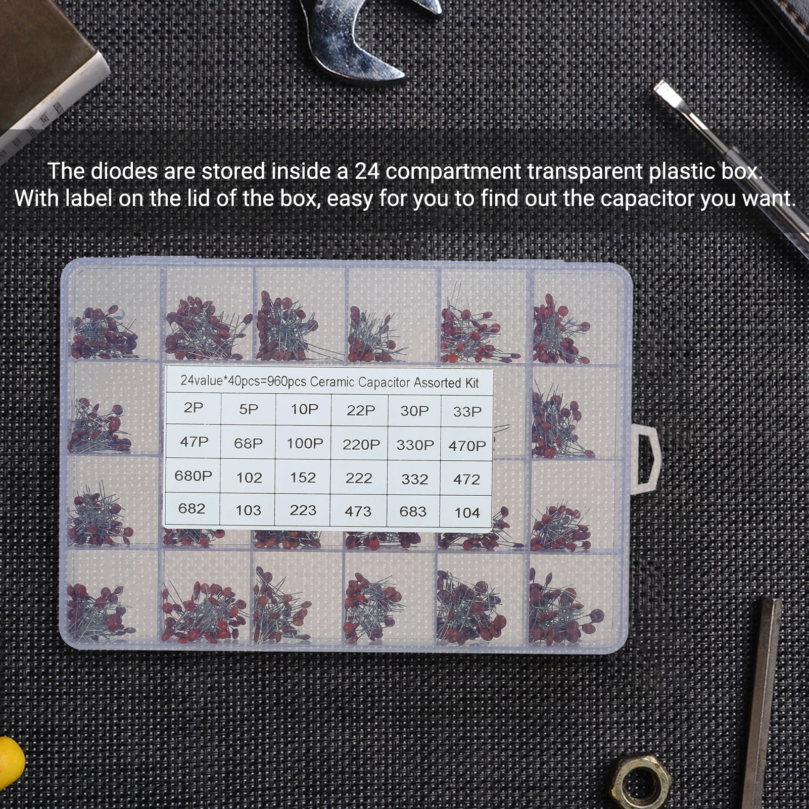 960pcs Ceramic Capacitor Assorted Kit 2pF-0.1uF 24 Values * 40pcs DIP Ceramic Chip Capacitors Set with Transparent Plastic Box
960pcs Ceramic Capacitor Assorted Kit 2pF-0.1uF 24 Values * 40pcs DIP Ceramic Chip Capacitors Set with Transparent Plastic Box