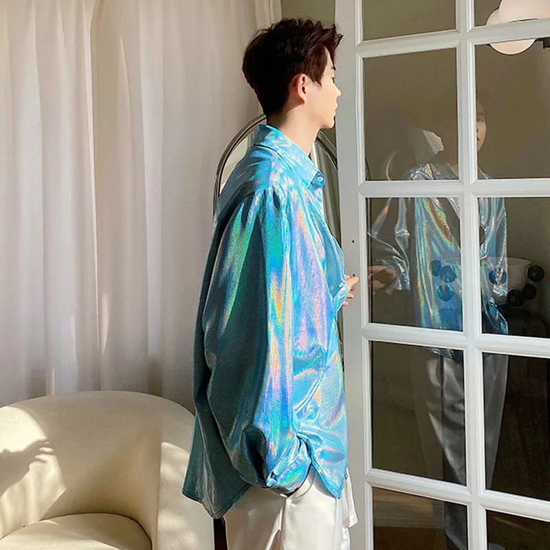 New Male Stage Fashion Show Clothing Men Shiny Fabric Long Sleeve Loose Casual Shirt
New Male Stage Fashion Show Clothing Men Shiny Fabric Long Sleeve Loose Casual Shirt