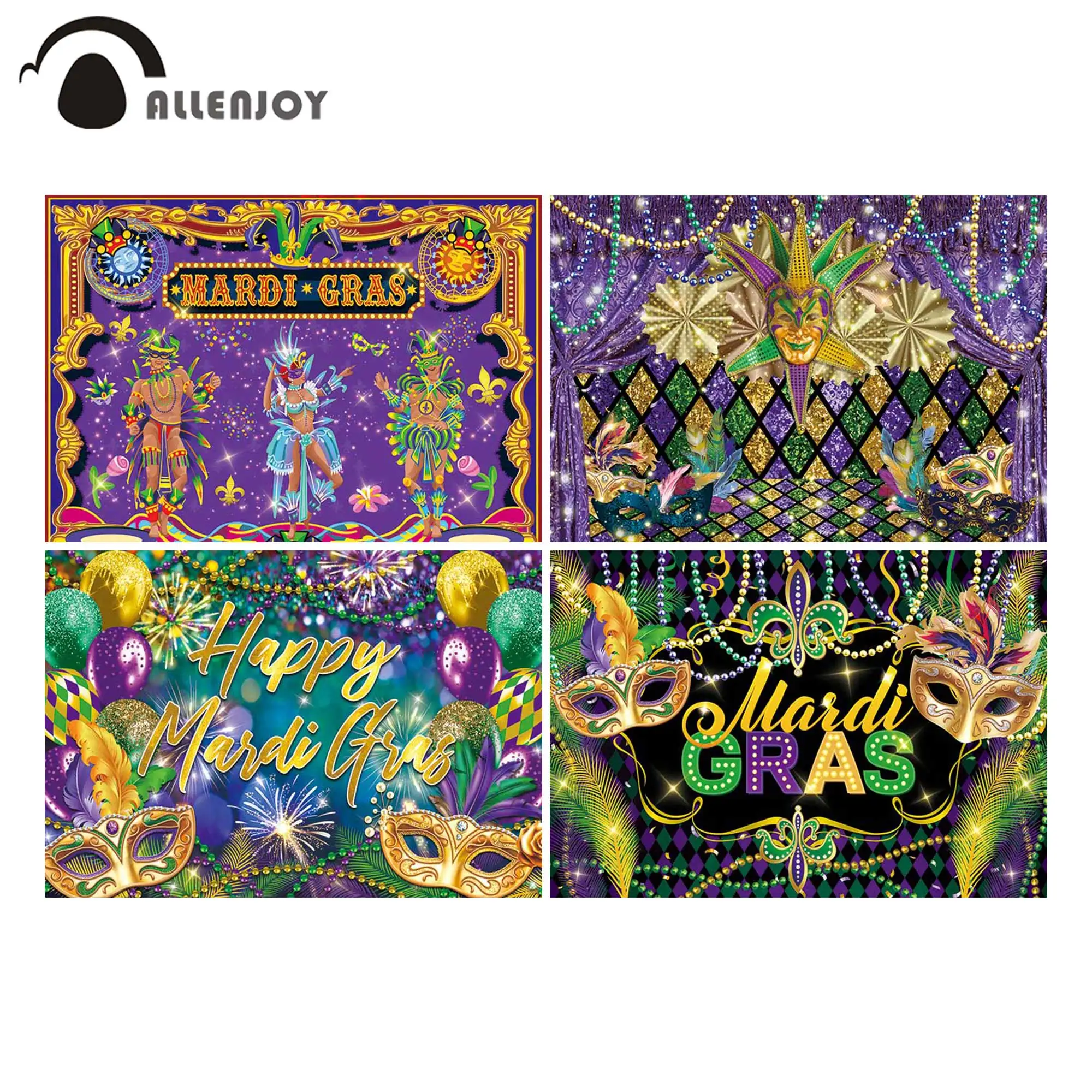 

Allenjoy Mardi Gras Backdrop Glitter Purple Gold Balloons Carnival Masquerade Birthday Party Props Supplies Banner Background
