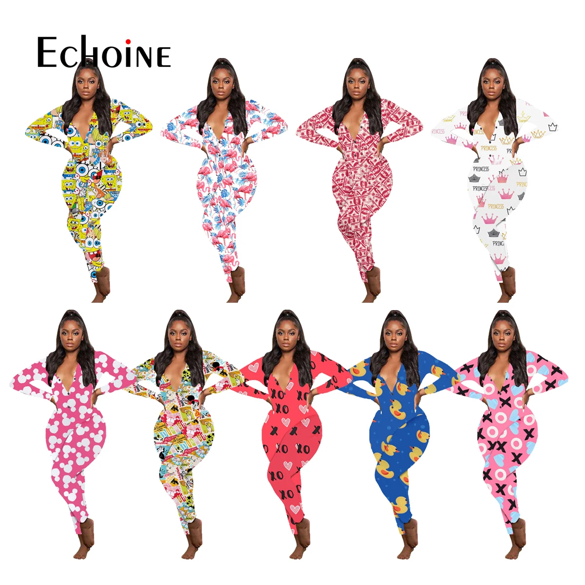 Echoine spring Autumn women Sexy Adults Onesies Long Sleeve V-neck Pattern Print Pajama Romper sleepwear Jumpsuit Nightwear
Echoine spring Autumn women Sexy Adults Onesies Long Sleeve V-neck Pattern Print Pajama Romper sleepwear Jumpsuit Nightwear