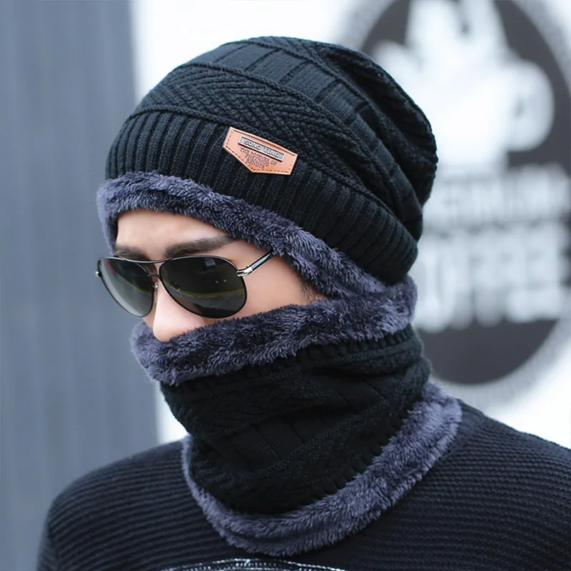 Модная мужская теплая зимняя шапка шарф Мягкая вязаная набор Skullies Beanies для женщин