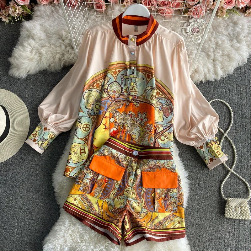 Amolapha Woman Retro Fashion Printed Suits Off Shoulder Long Sleeve Boho Shirts+Shorts Summer Sets for Female Lady 
Amolapha Woman Retro Fashion Printed Suits Off Shoulder Long Sleeve Boho Shirts+Shorts Summer Sets for Female Lady