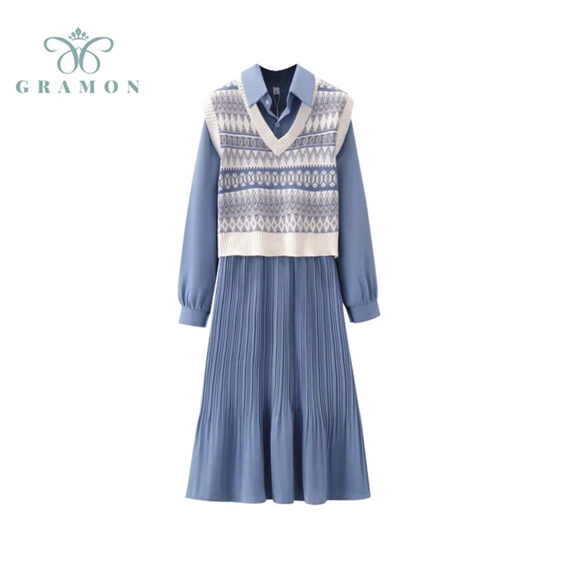 Vest+Dress Fashion 2Piece Sets Women V Neck Sleeveless Sweater Long Sleeve Fold Midi Vestidos 2021 Autumn Oversize Dress Outfits
Vest+Dress Fashion 2Piece Sets Women V Neck Sleeveless Sweater Long Sleeve Fold Midi Vestidos 2021 Autumn Oversize Dress Outfits