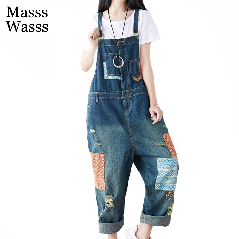 

Masss Wasss Spring British Luxury Style Ladies Vintage Patchwork Overalls Womens Ripped Denim Trousers Female Holes Pantalons