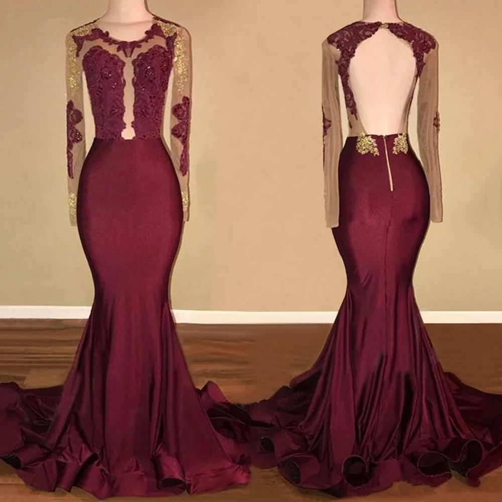 

Burgundy African Black Girls Mermaid Prom Dresses 2020 Real Photos Backless Long Sleeves Gold Lace Real Photos Vestido De Festa