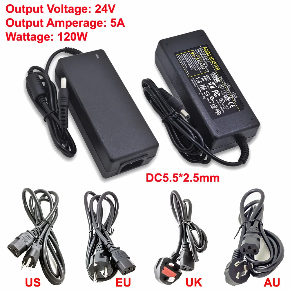 120W Desktop Power Adapter Supply Transformer 110V-240V To DC 24V 5A 5.5x2.5mm Connector Include US/EU/UK/AU Plug Cable
120W Desktop Power Adapter Supply Transformer 110V-240V To DC 24V 5A 5.5x2.5mm Connector Include US/EU/UK/AU Plug Cable