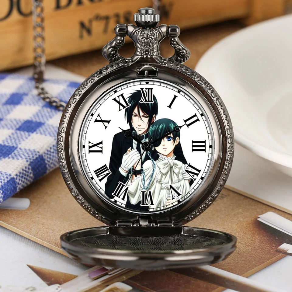 

Retro Japanese Dark Butler Manga Theme Black Kuroshitsuji Necklace Quartz Pocket Watch Sebastian Ciel Pendant Cosplay Chain Gift