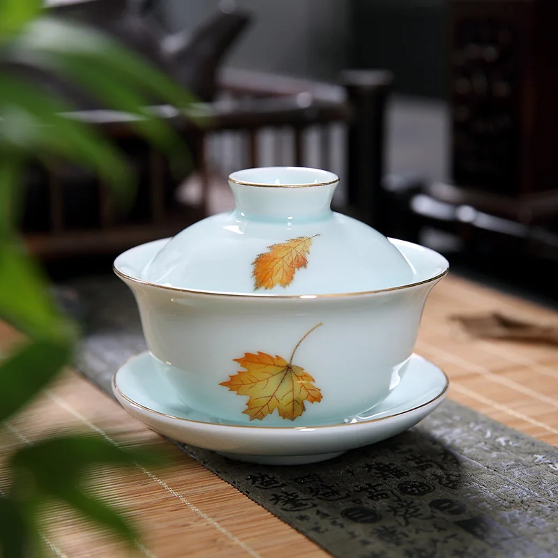 

on sales Chinese porcelain gaiwan Sancai cup bowl with lid coaster under glaze leaf print ceramic tureen 160ml free shipping new