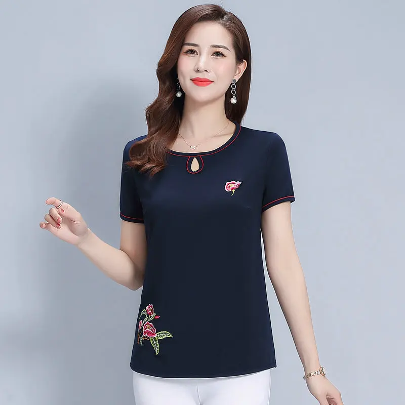 

Summer Women Peony Embroidery Blouses Navy Blue Red Short Sleeve Round Neck Cutout Design Floral Stitchwork Top Chinese Style