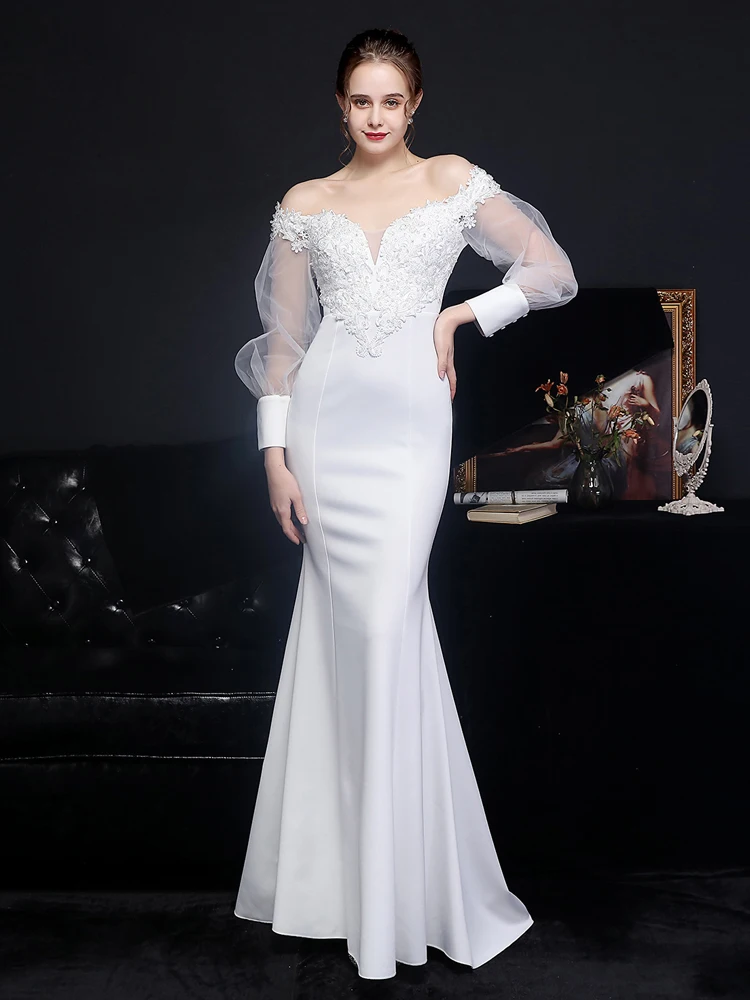 

YIDINGZS Элегантное Белое Атласное свадебное платье с аппликацией и бисером женское прозрачное Тюлевое вечернее платье с длинным рукавом