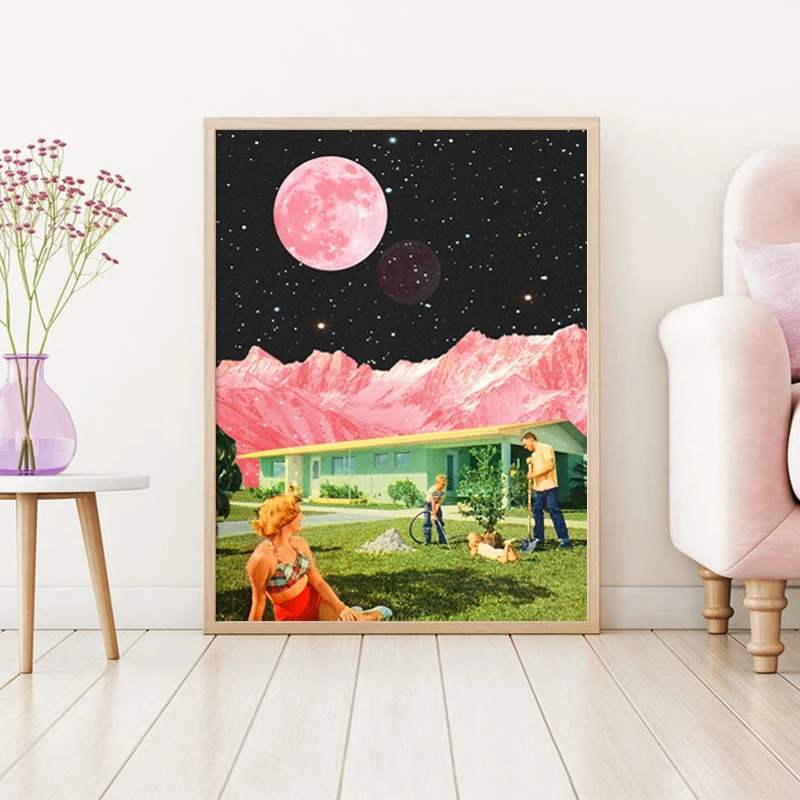 Vintage Surrealism Art Painting Pink Moon Nature Landscape Poster Psychedelic Wall Canvas Prints Family Picture Home Decor | Дом и сад