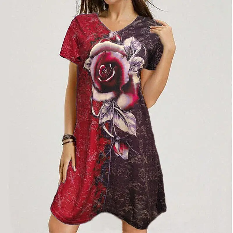 Summer Fashion Women Casual Dresses Rose Print Short-sleeved V-neck Dress Loose Casual Midi Dress Plus Size Vacation Beach Dress
Summer Fashion Women Casual Dresses Rose Print Short-sleeved V-neck Dress Loose Casual Midi Dress Plus Size Vacation Beach Dress