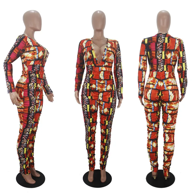 ThornTree Jumpsuits Sexy Women Long Sleeve Deep V-neck Laopard Print Patchwork Bodycon Slim Rompers High Waist Floral One-piece