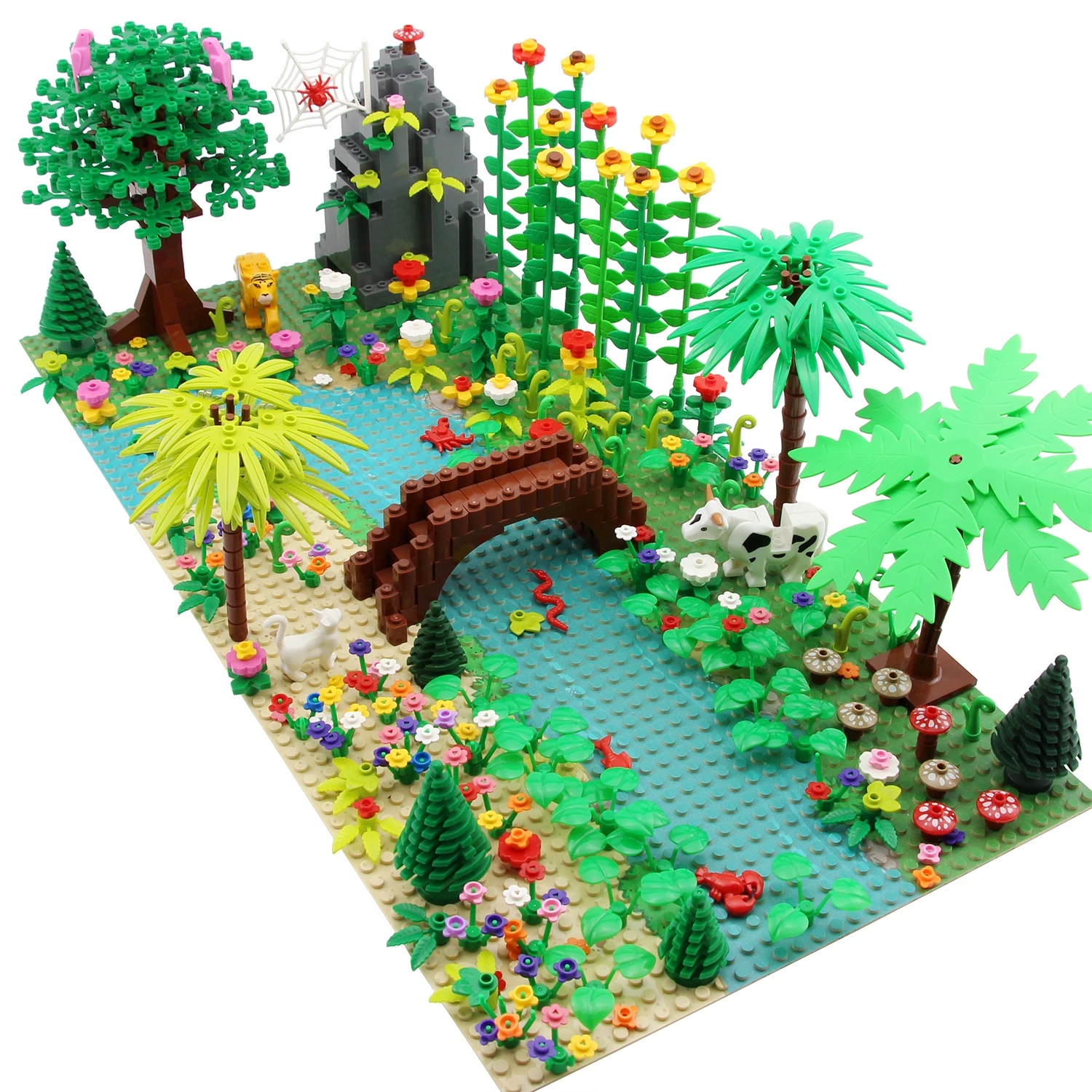 

528Pcs Jungle Garden Forest Animal Plants Bridge Set Building Blocks Set with Grassland River Baseplate Bricks DIY Toys Kids