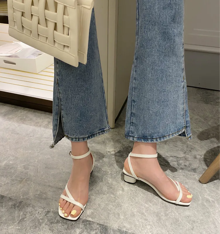 MONMOIRA Geometric Heel Buckle Strap Women Sandals Med Narrow Band Summer Square Toe Beach Shoes C0878 | Обувь