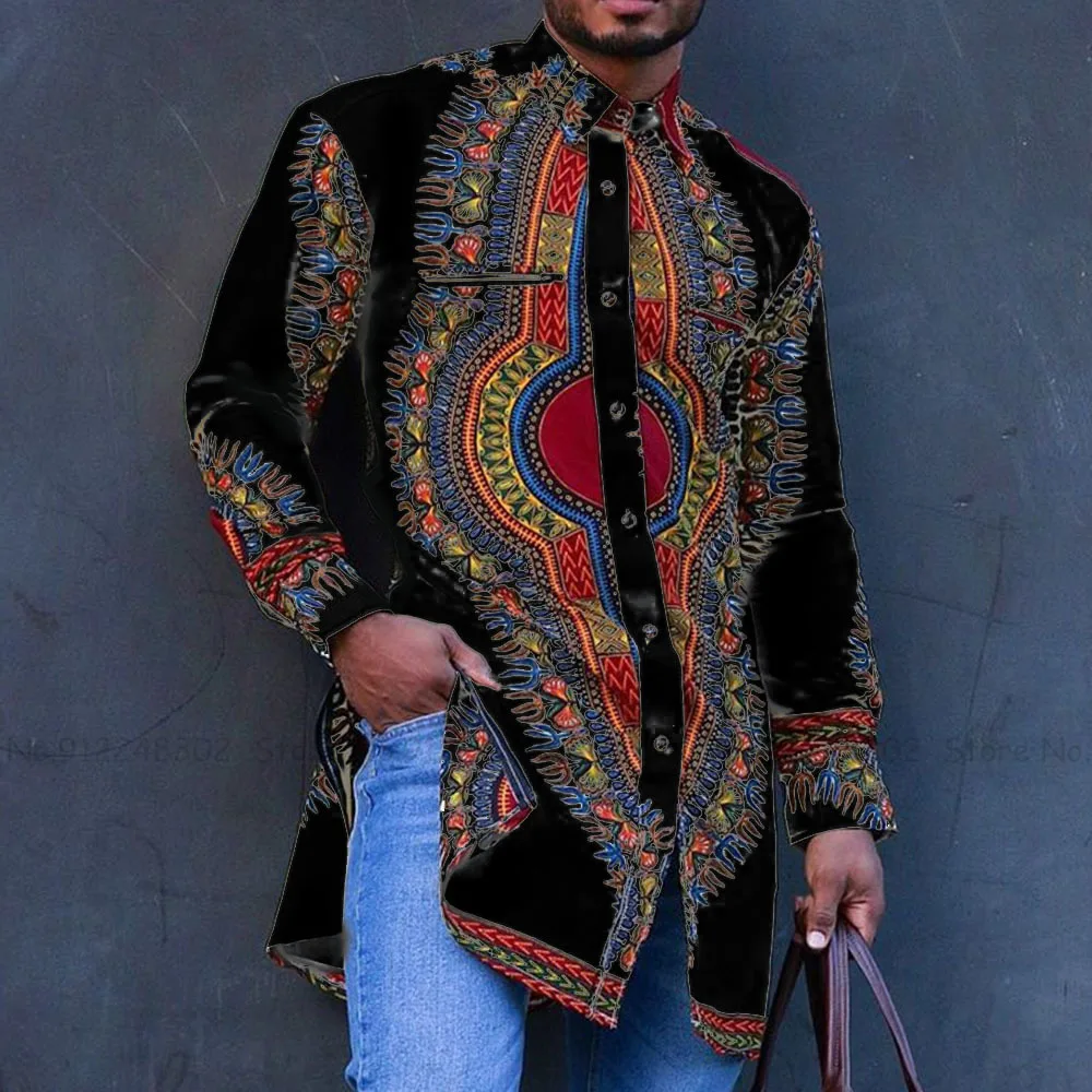 Фото Мужская модная принтовая футболка Dashiki с длинным рукавом в стиле мусульманской майки, топы Исламской Дубайской арабской бохемской повседневной блузы рубашки Африканской одежды.
