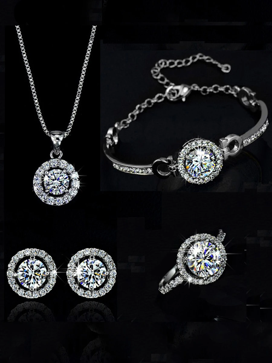 Top Quality Exquisite Crystal Women Wedding Necklace Earring bracelets Ring Jewelry Set silver plated Zircon jewellery for bride Top Quality Exquisite Crystal Women Wedding Necklace Earring bracelets Ring Jewelry Set silver plated Zircon jewellery for bride