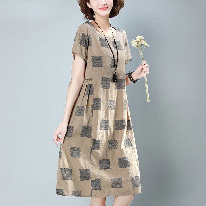 Plaid Cotton Linen Dresses Women Loose Mid-Length Summer New Dress O-Neck Short Sleeves Retro A-Line Mom Dress Plus Size Clothes
Plaid Cotton Linen Dresses Women Loose Mid-Length Summer New Dress O-Neck Short Sleeves Retro A-Line Mom Dress Plus Size Clothes