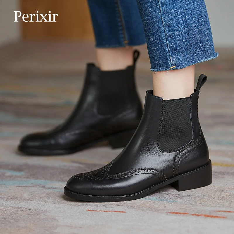 

Perixir Design Chelsea Women Ankle Boots 2021 New Genuine Leather Handmade Autumn Footwear Round Toe Thick Bottom Winter Shoes