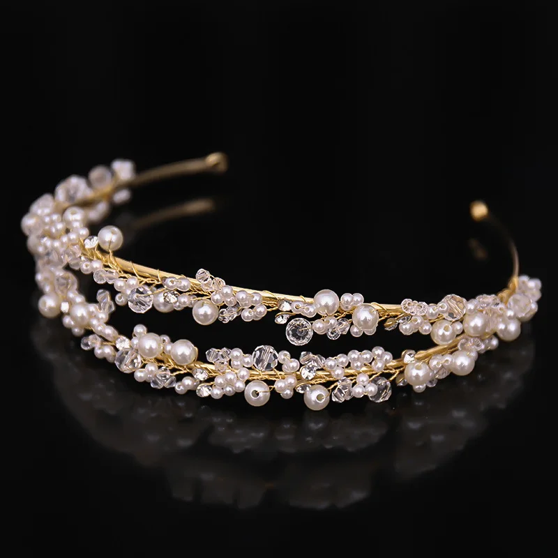 

SLBRIDAL Handmade Double Rows Rhinestones Bridal Tiara Crown Wedding Headband Wired Pearls Crystal Women Headpieces Headdress