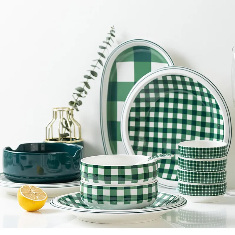 Green Plaid Series Ceramic Kitchen Plate Tableware Set Food Tray Rice Salad Noodles Bowl Soup Dishes Microwave Safe
Green Plaid Series Ceramic Kitchen Plate Tableware Set Food Tray Rice Salad Noodles Bowl Soup Dishes Microwave Safe