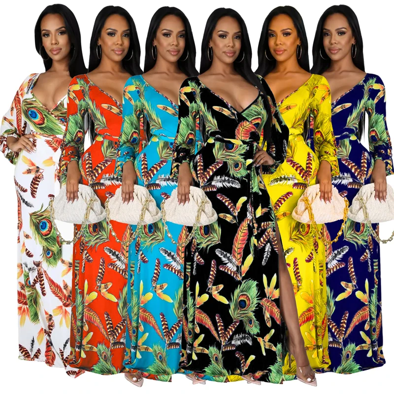 Sexy Women's Long Sleeve Maxi Dress Deep V-neck Floral Printed Split Casual Party Beach Boho Maxi Dress With Belt
Sexy Women's Long Sleeve Maxi Dress Deep V-neck Floral Printed Split Casual Party Beach Boho Maxi Dress With Belt