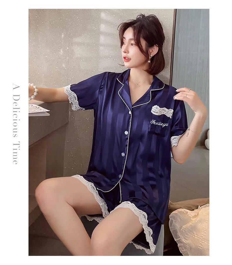 Summer Women Pajamas Set Sexy Lace Trim Short Sleeve Shorts Two-piece Suit Female Silk Rayon Nightwear Loose Home Wear Lingerie
Summer Women Pajamas Set Sexy Lace Trim Short Sleeve Shorts Two-piece Suit Female Silk Rayon Nightwear Loose Home Wear Lingerie