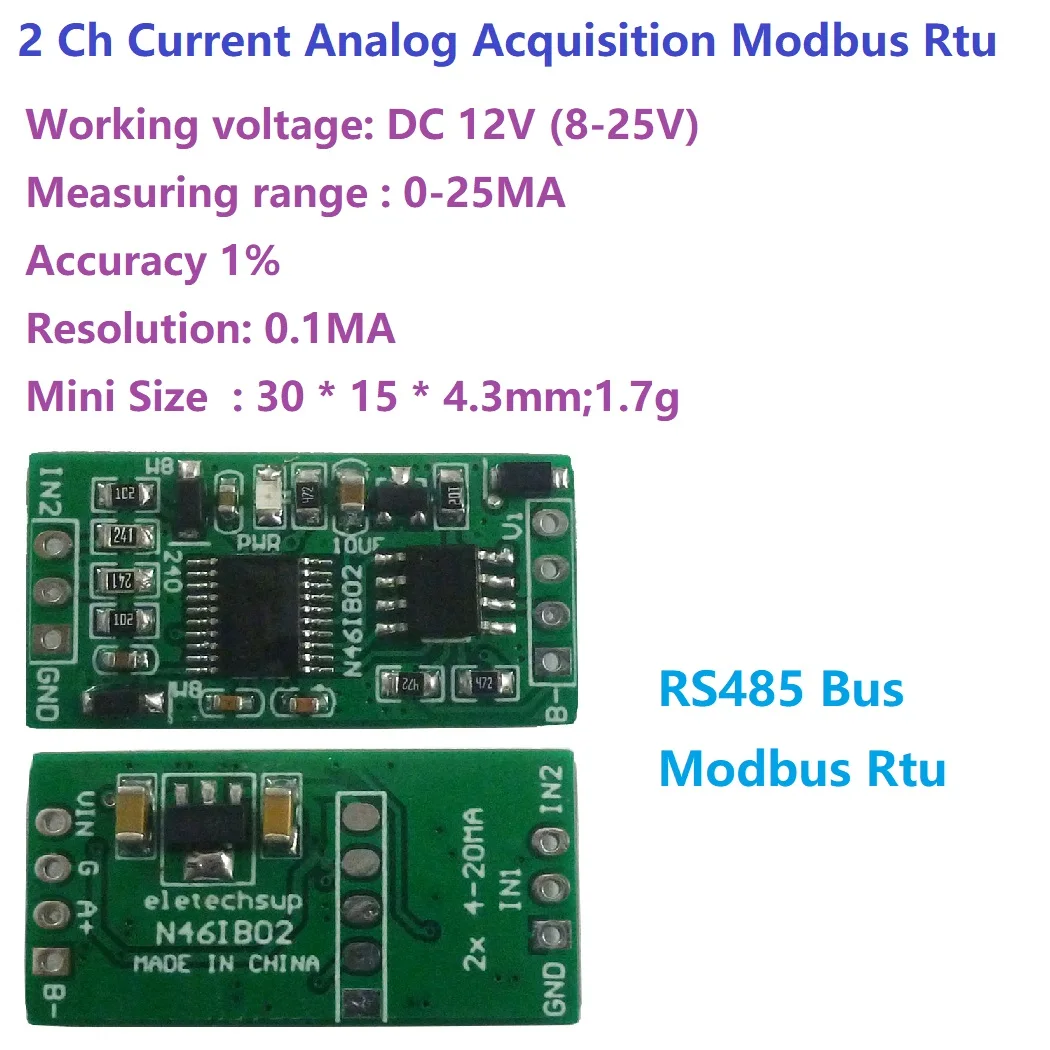 2-канальный аналоговый модуль сбора данных 4-20 мА в RS485 12 В постоянного тока 0-25