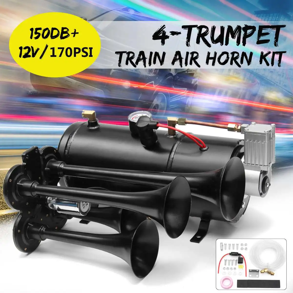 4 Trumpet Air Horn Kit 12V 170 PSI 150dB Truck Train Boat Quad 3 Liters Compressor Tubing & Hose Super Loud
4 Trumpet Air Horn Kit 12V 170 PSI 150dB Truck Train Boat Quad 3 Liters Compressor Tubing & Hose Super Loud