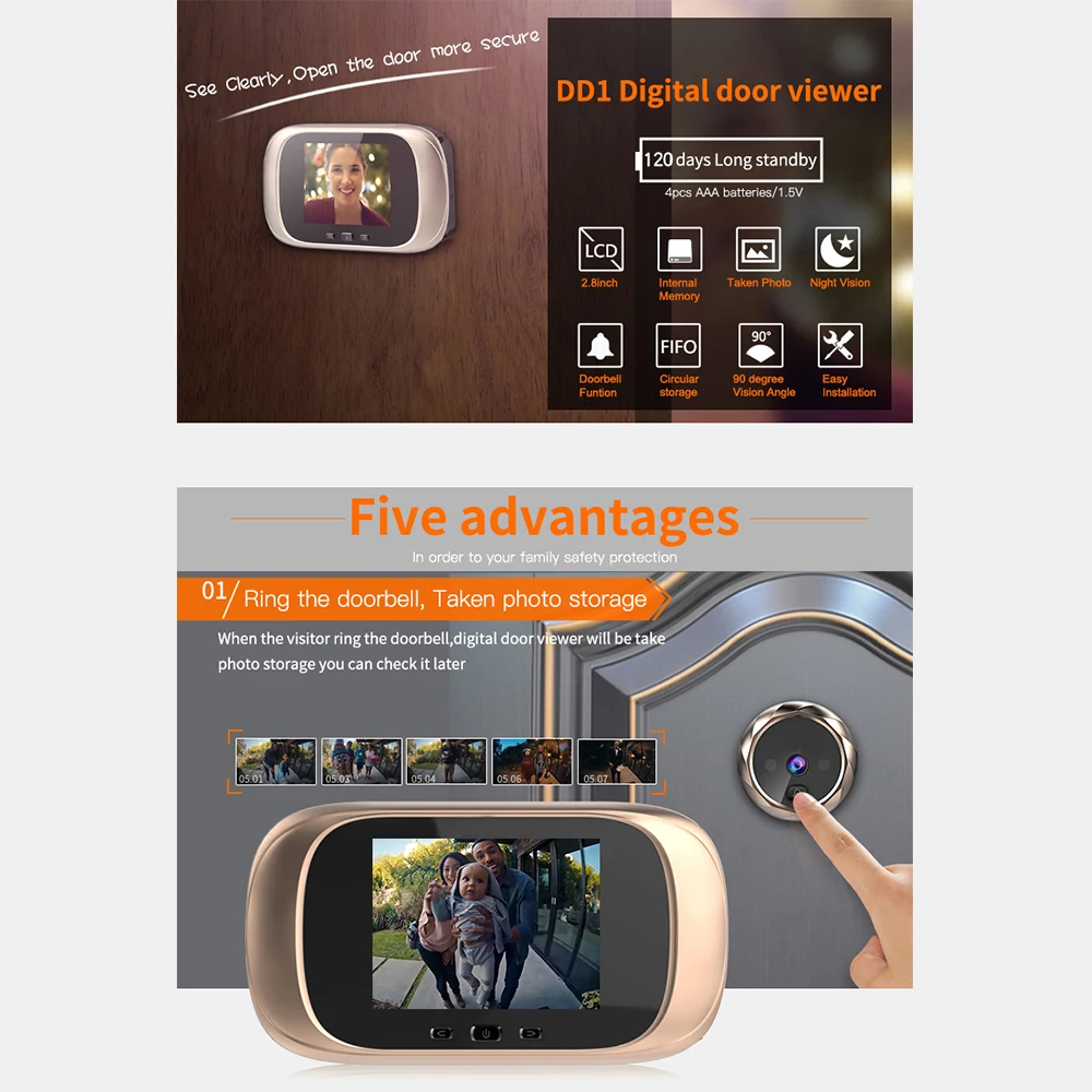 Peephole Viewer Door Bell Viewer Long Standby Video Intercom Security Camera Night Vision HD Camera
Peephole Viewer Door Bell Viewer Long Standby Video Intercom Security Camera Night Vision HD Camera