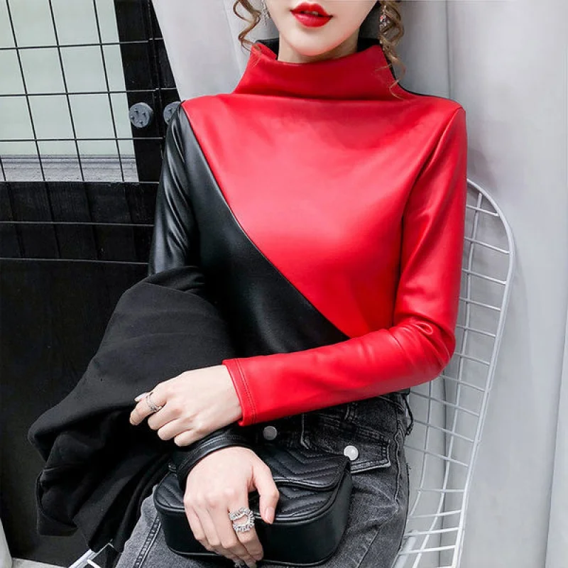 Womens fashion plus size turtleneck blouse patchwork plaid slim pullover shirt women warm velvet elastic leather PU ladies WY272
Womens fashion plus size turtleneck blouse patchwork plaid slim pullover shirt women warm velvet elastic leather PU ladies WY272