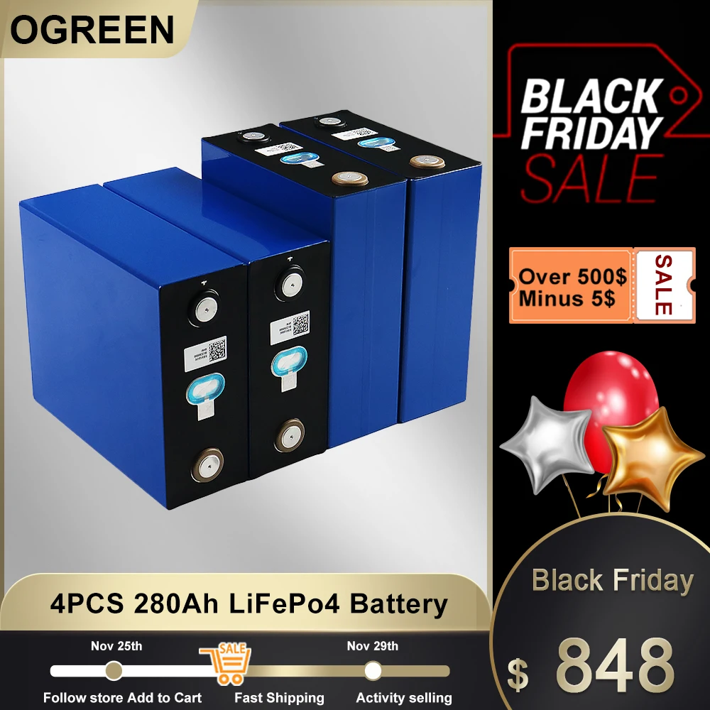 4PCS 3.2V 280Ah LiFePO4 battery, large capacity rechargeable battery solar wind energy system battery cell pack EU SU tax free 
4PCS 3.2V 280Ah LiFePO4 battery, large capacity rechargeable battery solar wind energy system battery cell pack EU SU tax free