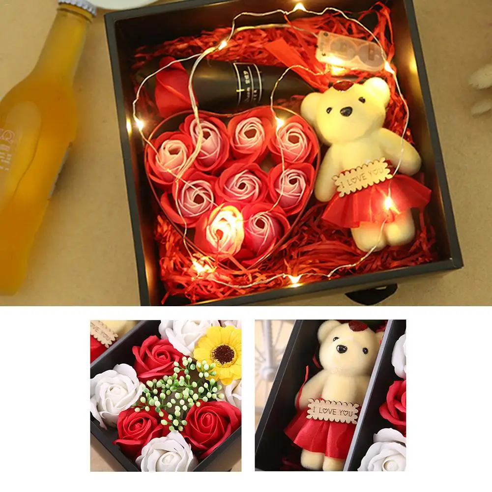 

Праздничное освещение освещенная Роза Мыло медведь с подарочной коробкой подарок на Рождество День Святого Валентина День Матери