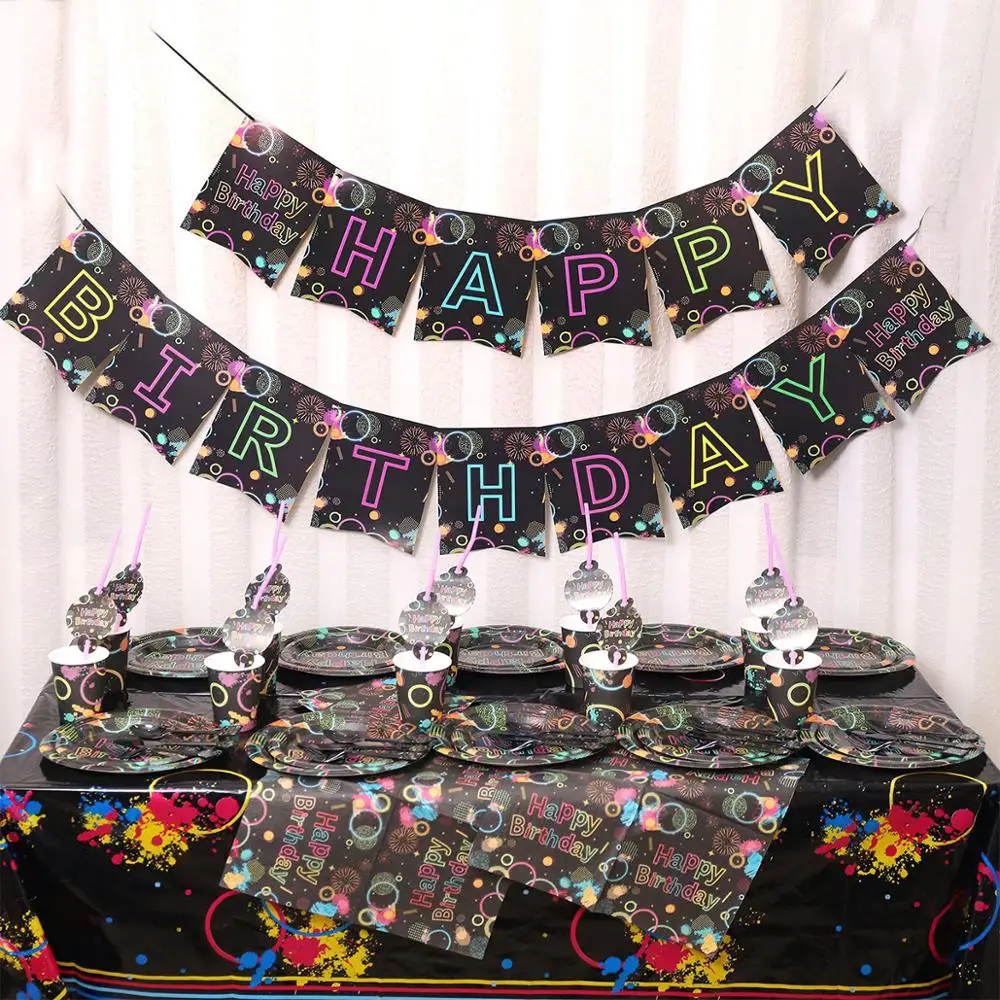 

Черная одноразовая посуда, декор для вечеринки в честь Дня Рождения, тарелка для детей и взрослых, салфетка, баннер, чашка, товары для дня рож...
