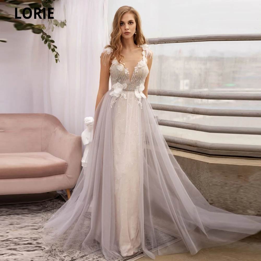 LORIE Gray Wedding Dresses Sheath V-neck Bohemian Bridal Gown Floral Reception Gown Open Back Beach Princess Party Dress 2020
LORIE Gray Wedding Dresses Sheath V-neck Bohemian Bridal Gown Floral Reception Gown Open Back Beach Princess Party Dress 2020