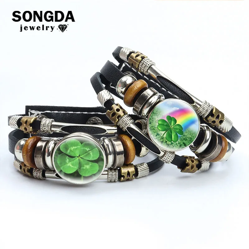 Lucky Four leaf Clover Bracelet Fashion Creativity Cabochon Glass Snap Button Braided Leather Shamrock Bangle Women Jewelry New
Lucky Four leaf Clover Bracelet Fashion Creativity Cabochon Glass Snap Button Braided Leather Shamrock Bangle Women Jewelry New