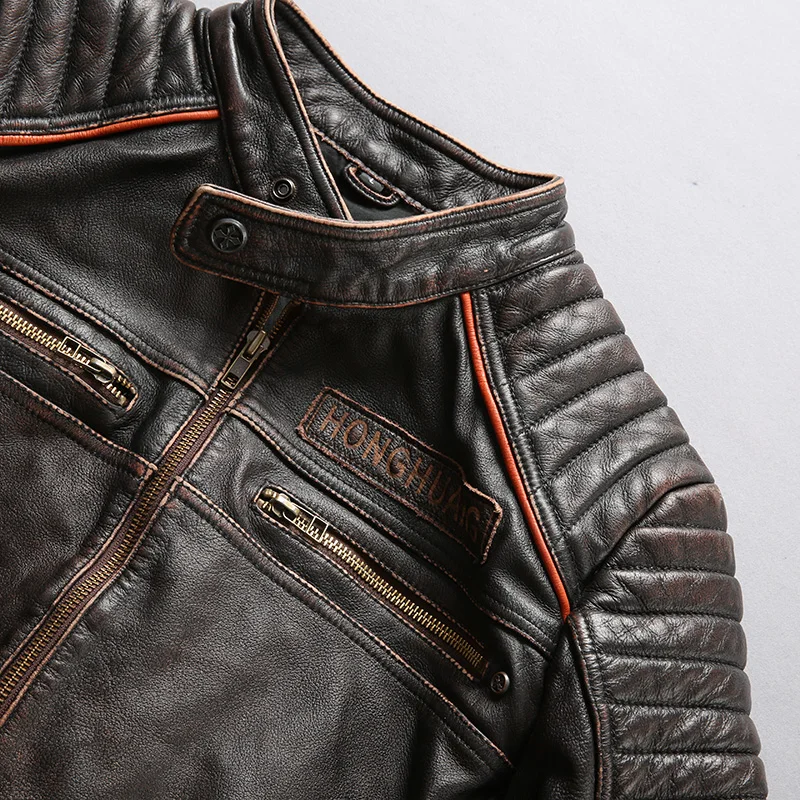 Мужская мотоциклетная куртка винтажная облегающая с воротником-стойкой из