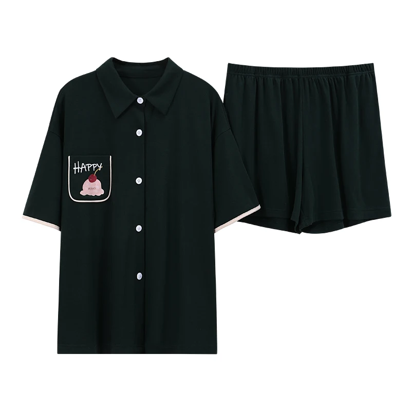Cotton Casual Nightwear Suit V-Neck Sleepwear For Women Black Pajamas Set Cute Cartoon Print Nighty Short Sleeve Shorts Homewear 
Cotton Casual Nightwear Suit V-Neck Sleepwear For Women Black Pajamas Set Cute Cartoon Print Nighty Short Sleeve Shorts Homewear