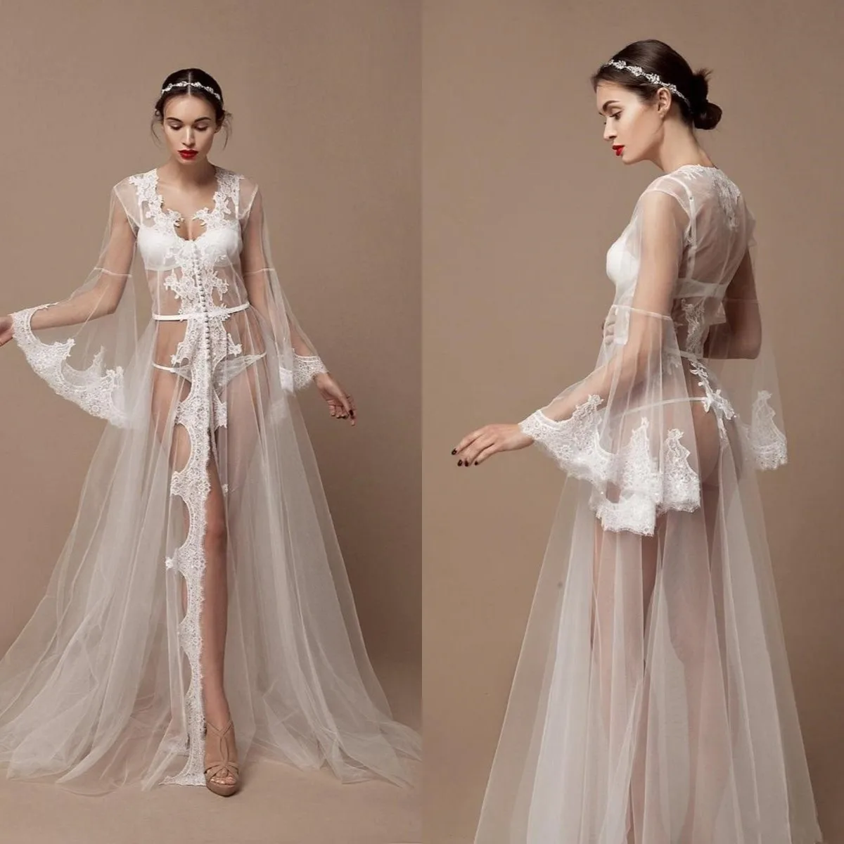 

Sexy A Line Lace Bridal Bathrobe V Neck Long Sleeves Wedding Sleepwear Beaded Sweep Train Nightgowns Party Wear Dress For Photo