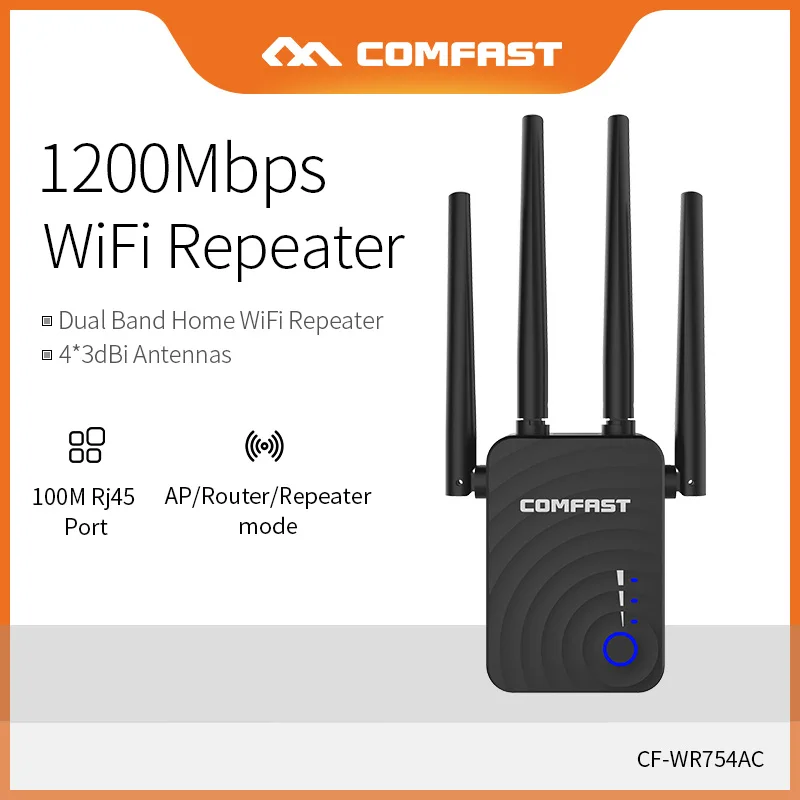 COMFAST 1200Mbps Wireless WiFi Range Extender 2.4/5Ghz Dual Band Repeater Signal Booster with 4 Ethernet Antennas CF-WR754AC
COMFAST 1200Mbps Wireless WiFi Range Extender 2.4/5Ghz Dual Band Repeater Signal Booster with 4 Ethernet Antennas CF-WR754AC