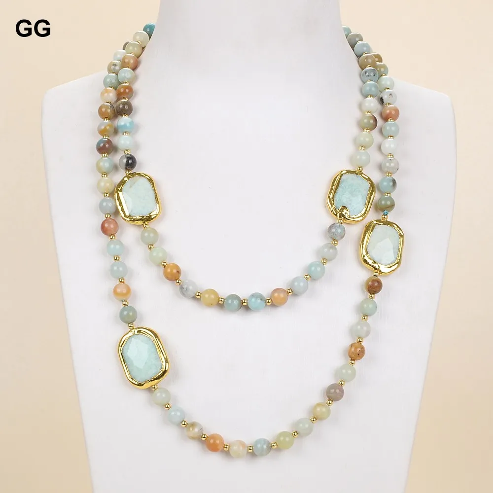 

GG Jewelry 42'' 8mm Mixed Color Round Amazonite Nugget Gold Plated Necklace