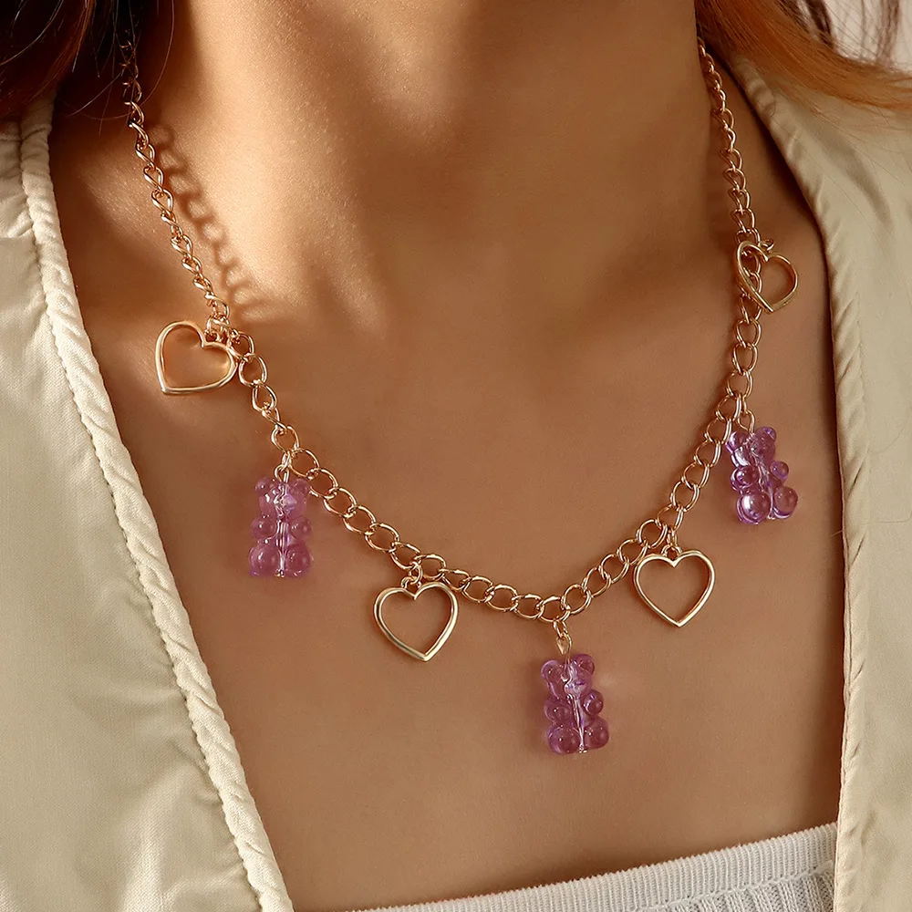 Korean Style Golden Heart-Shaped Purple Resin Bear Pendant Necklace Earrings Women Ear Neck Clavicle Chain Eardrops Jewelry Gift
Korean Style Golden Heart-Shaped Purple Resin Bear Pendant Necklace Earrings Women Ear Neck Clavicle Chain Eardrops Jewelry Gift