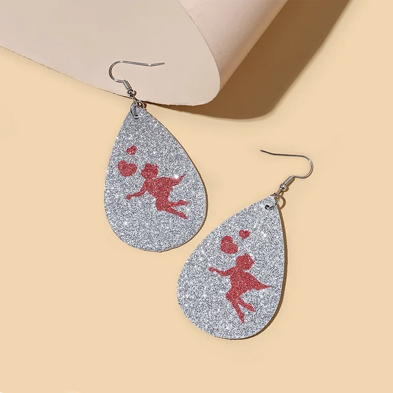 European and American Valentine's Day New Drop-shaped Silver Sequined Leather Earrings Creative Love Angel Jewelry Wholesale |