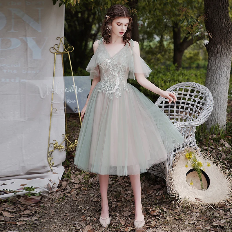 Light Green Wedding Guest Dresses For Women Elegant O-neck Off The Shoulder Backless A-line Tea-length Bridesmaid Dresses 2020
Light Green Wedding Guest Dresses For Women Elegant O-neck Off The Shoulder Backless A-line Tea-length Bridesmaid Dresses 2020
