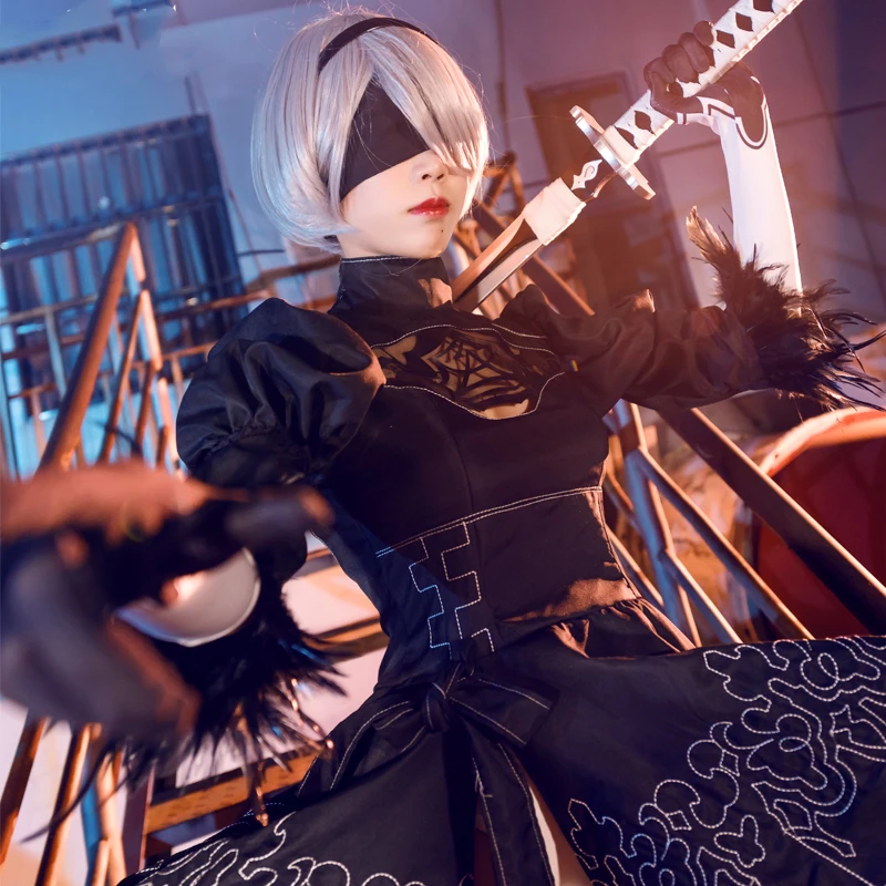 Костюм для косплея Nier Automata 2B Женский Аниме черное платье Хэллоуина вечеринки