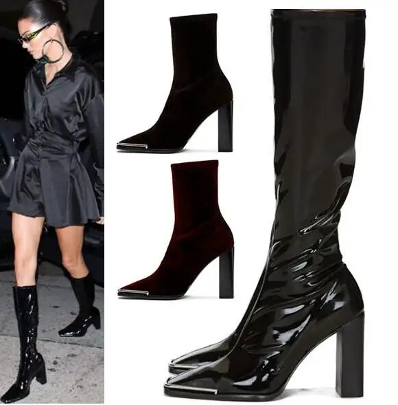 Moraima Snc Square Toe Thick Heels Runway Boots Metal Decorations Celebrity High Heel Boots Stretch Fabric Knee High Boots
Moraima Snc Square Toe Thick Heels Runway Boots Metal Decorations Celebrity High Heel Boots Stretch Fabric Knee High Boots