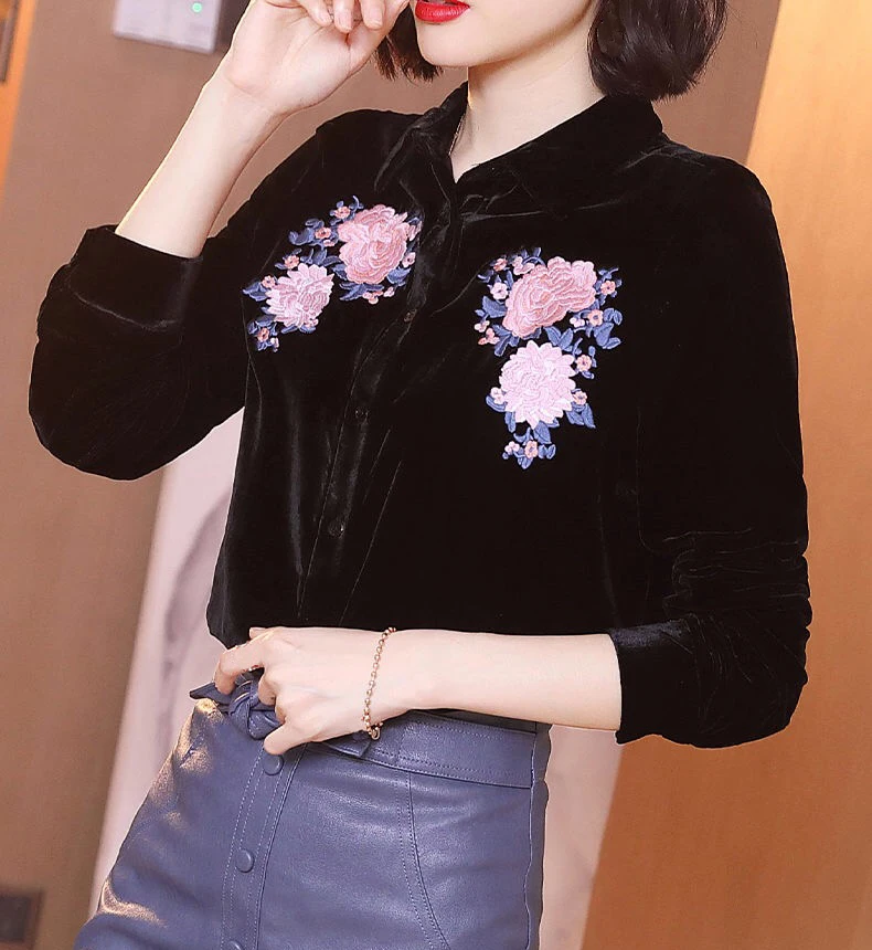 2019 Spring Fall Office Lady Womens Female Slim Embroidery Flower Black Velvet Blouse Shirt ,women Velour Tops and Blouses 
2019 Spring Fall Office Lady Womens Female Slim Embroidery Flower Black Velvet Blouse Shirt ,women Velour Tops and Blouses